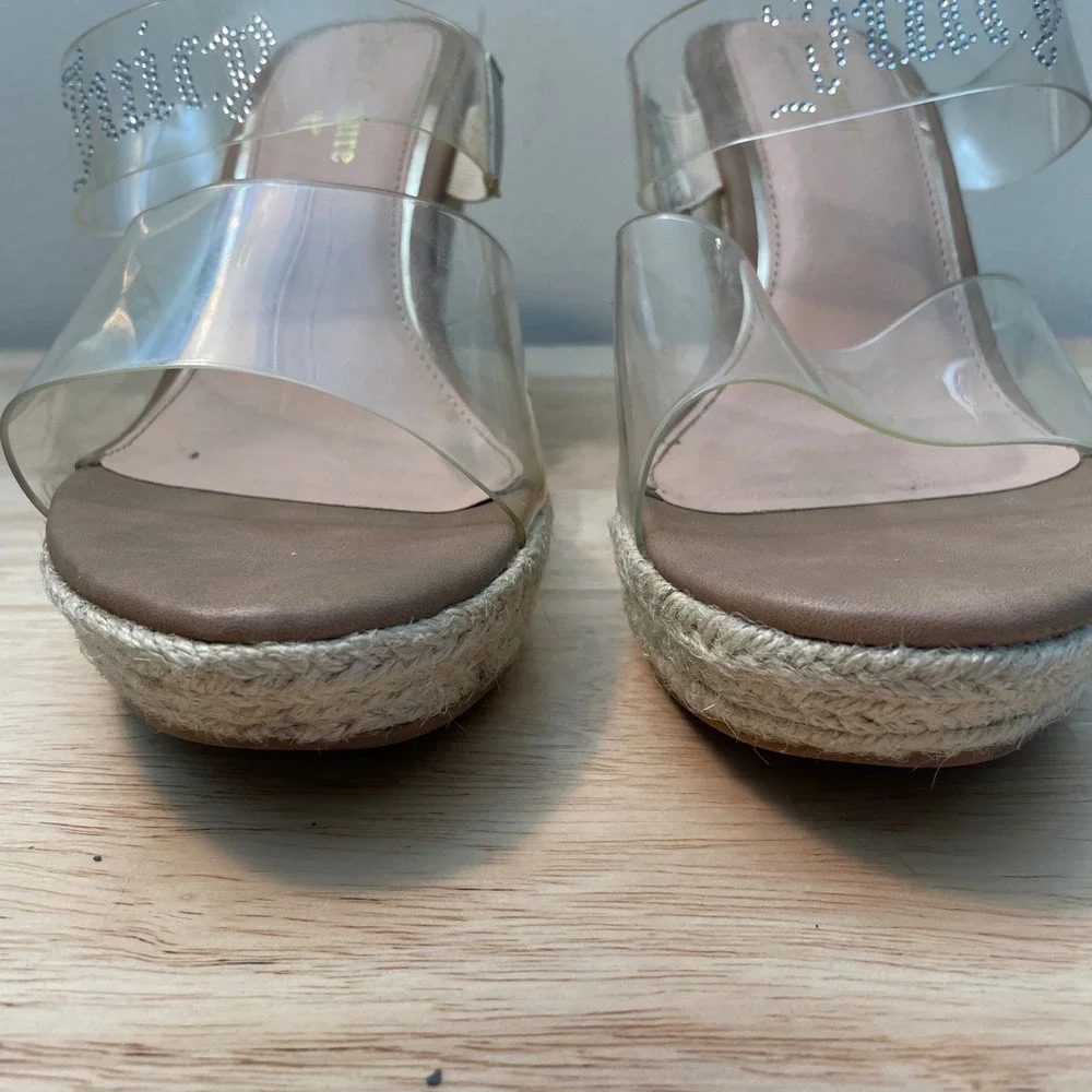 Juicy Couture‎ Cristene Clear Rhinestone Logo Espadrille Wedge Sandals Tan 9.5